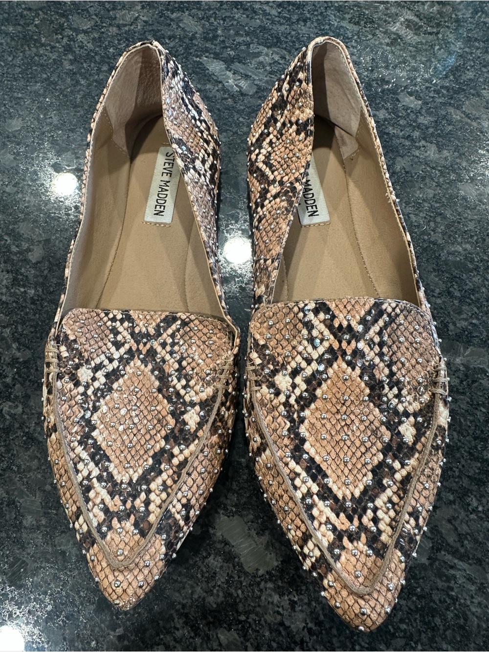 Steve Madden Snake-Print Pointed Flats in Tan and Black